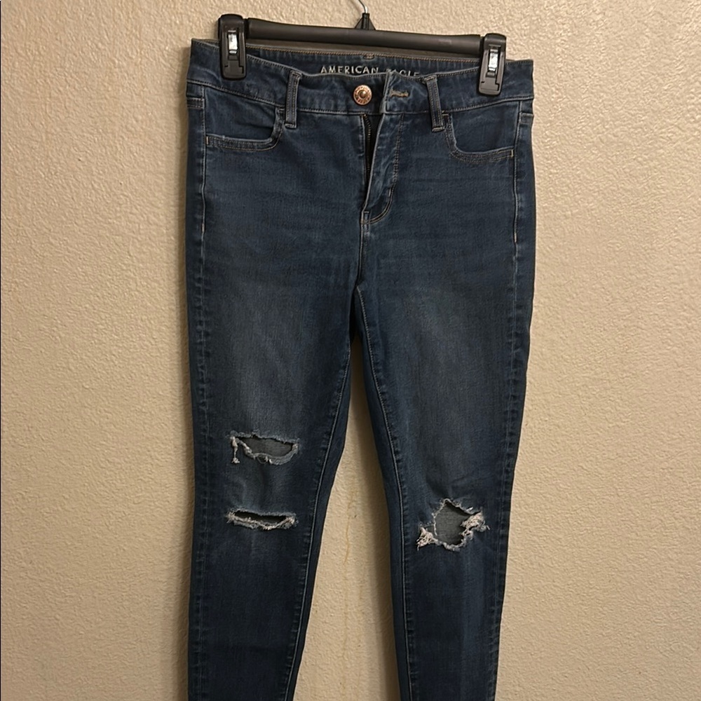 American Eagle Outfitters Women Blue Skinny Jeans with Distressed Size 4